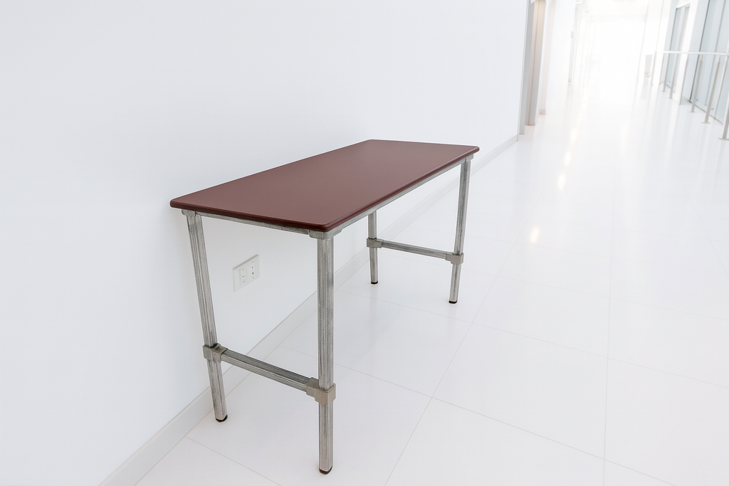 flexibench.com.au .. Hallway Table, Burgundy Top, Galvanised Steel Legs, Top 1200*395mm, Height 915mm