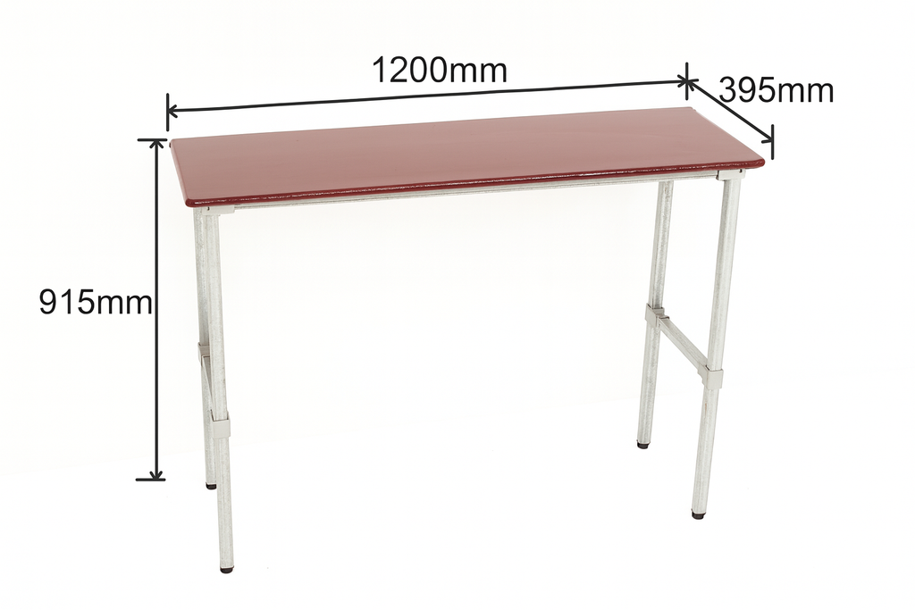 flexibench.com.au .. Hallway Table, Burgundy Top, Galvanised Steel Legs, Top 1200*395mm, Height 915mm