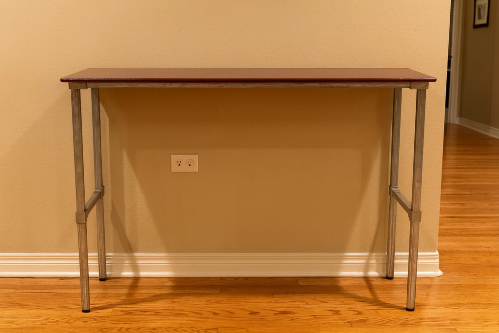 flexibench.com.au .. Hallway Table, Burgundy Top, Galvanised Steel Legs, Top 1200*395mm, Height 915mm