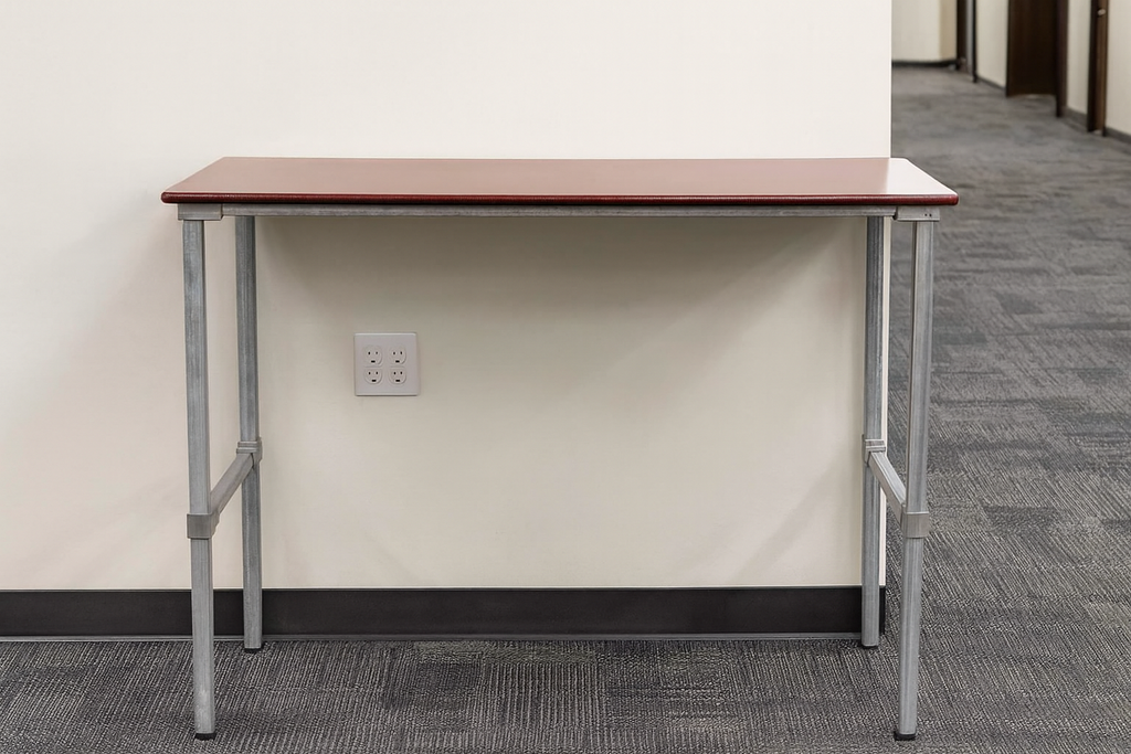 flexibench.com.au .. Hallway Table, Burgundy Top, Galvanised Steel Legs, Top 1200*395mm, Height 915mm