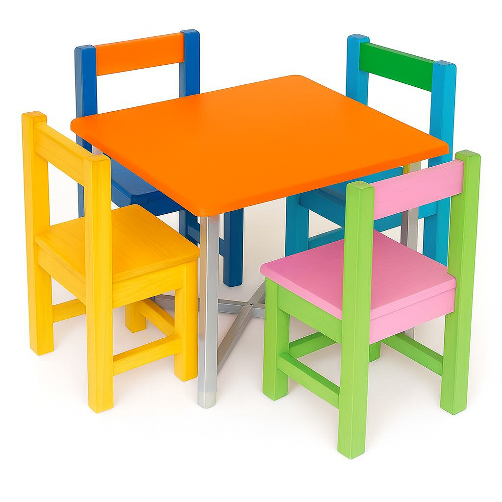 flexibench.com.au .. Children Table, Suitable for 2-6 Years, Seats 4, Gloss Tangerine coloured Top, Polished Aluminium Legs, Size 595*595*455