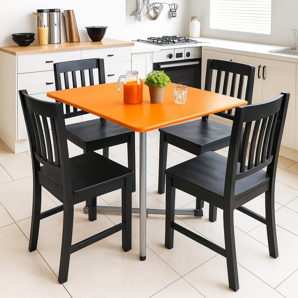 flexibench.com.au .. Tangerine Table, Indoor or Outdoor under Cover, Seats 4 Adults, Galvanised Steel Legs, Size 800*800*735mm High