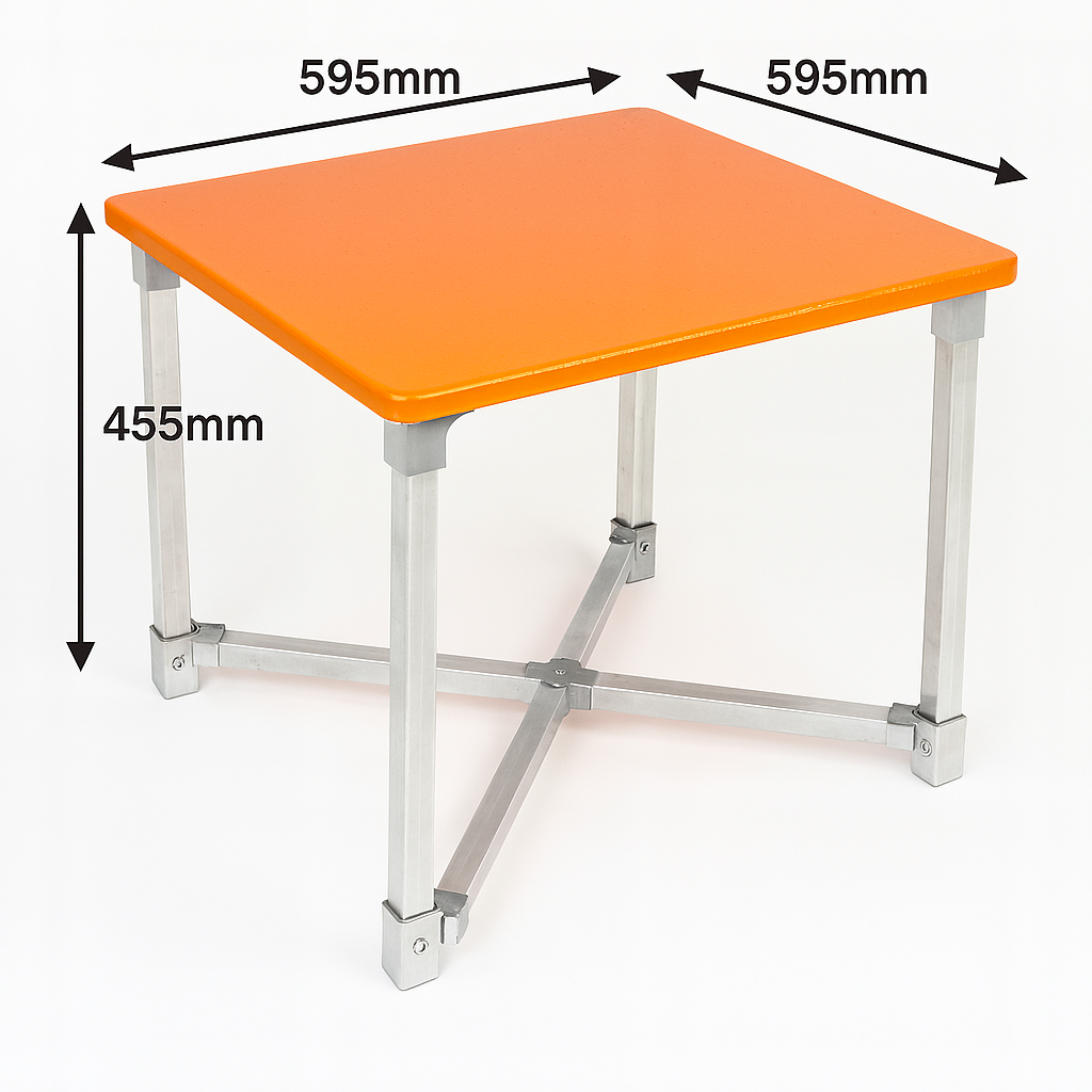 flexibench.com.au .. Children Table, Suitable for 2-6 Years, Seats 4, Gloss Tangerine coloured Top, Polished Aluminium Legs, Size 595*595*455
