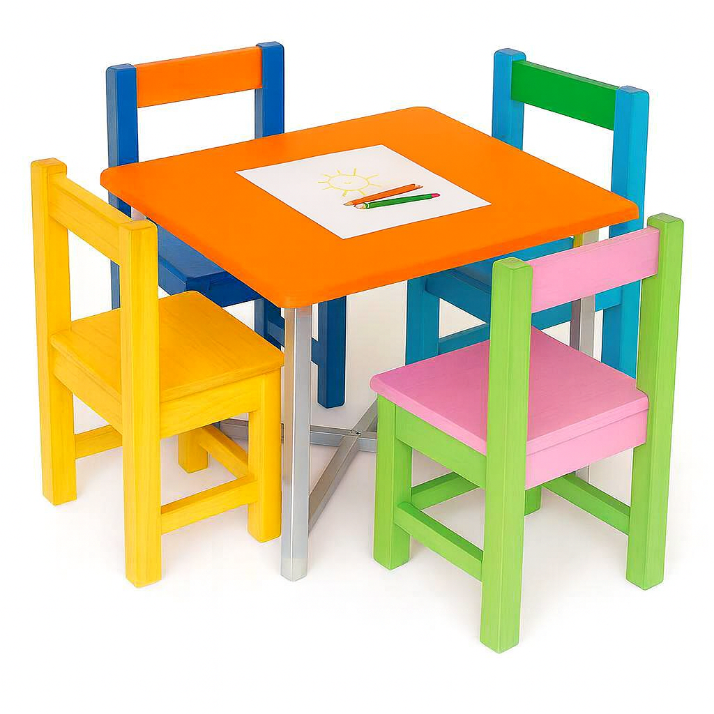 flexibench.com.au .. Children Table, Suitable for 2-6 Years, Seats 4, Gloss Tangerine coloured Top, Polished Aluminium Legs, Size 595*595*455