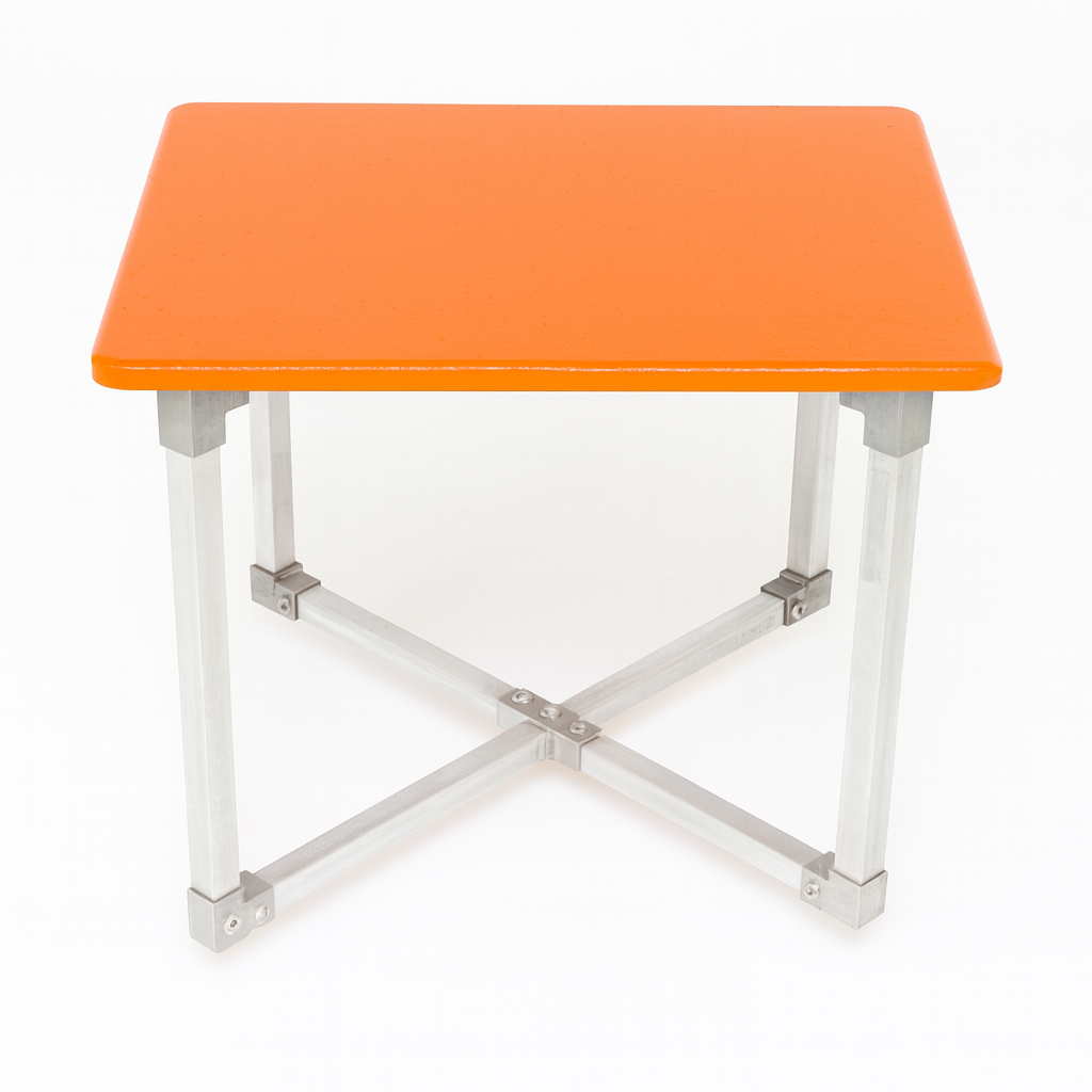 flexibench.com.au .. Tangerine coffee table, Gloss Tangerine coloured Top, Polished Aluminium Legs, Size 595*595*455mm