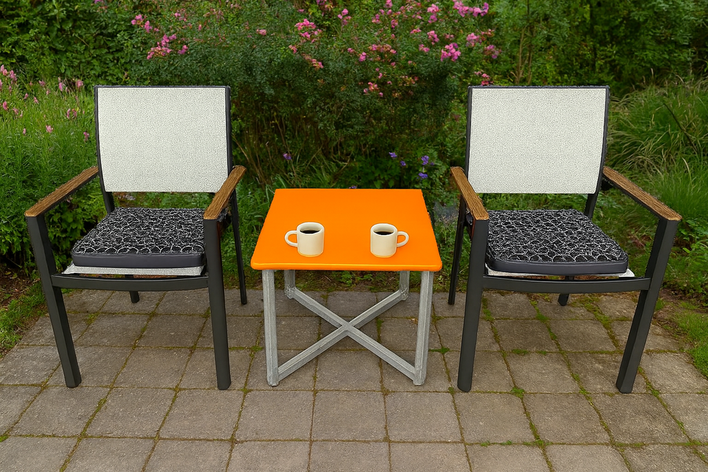 flexibench.com.au .. Tangerine coffee table, Gloss Tangerine coloured Top, Polished Aluminium Legs, Size 595*595*455mm