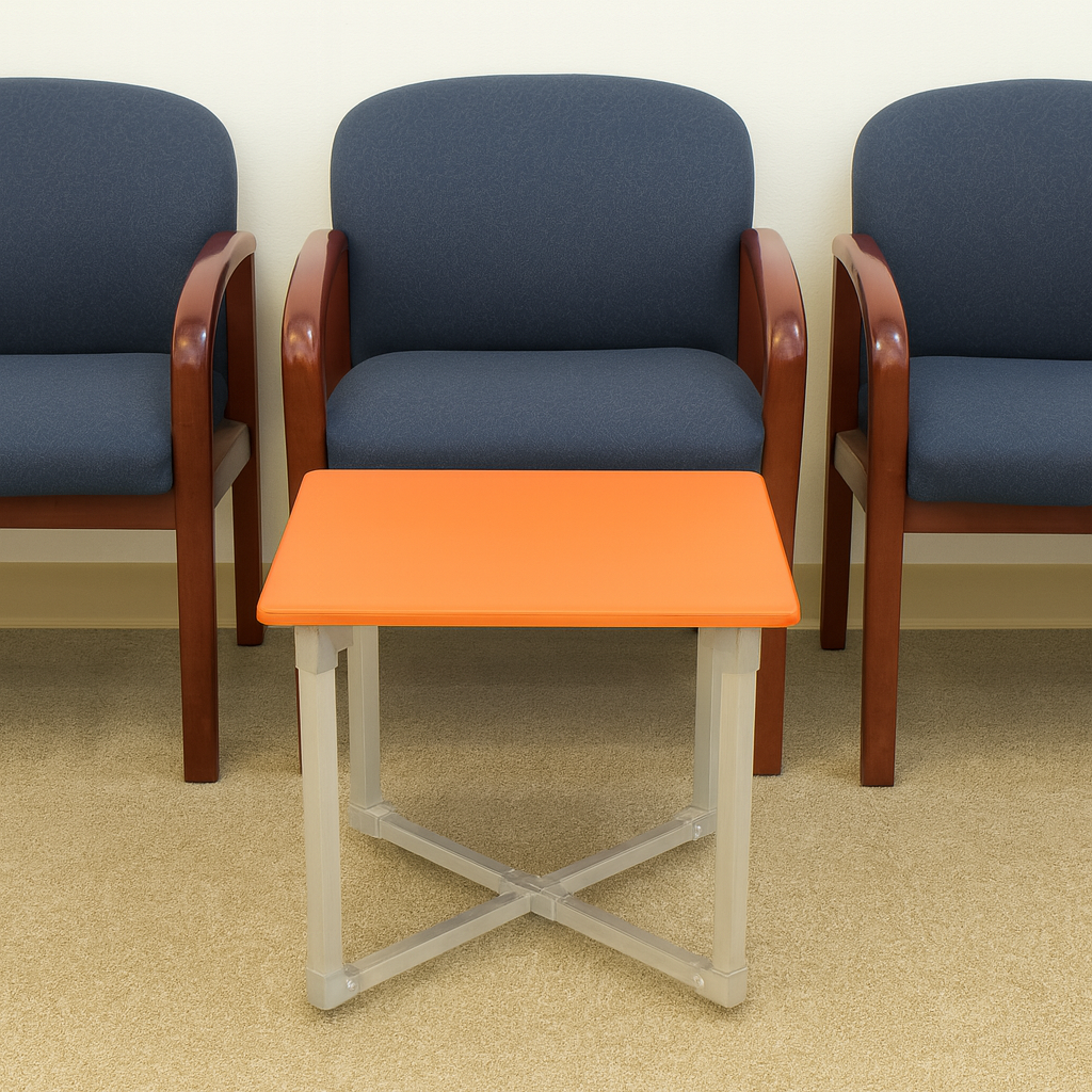 flexibench.com.au .. Tangerine coffee table, Gloss Tangerine coloured Top, Polished Aluminium Legs, Size 595*595*455mm
