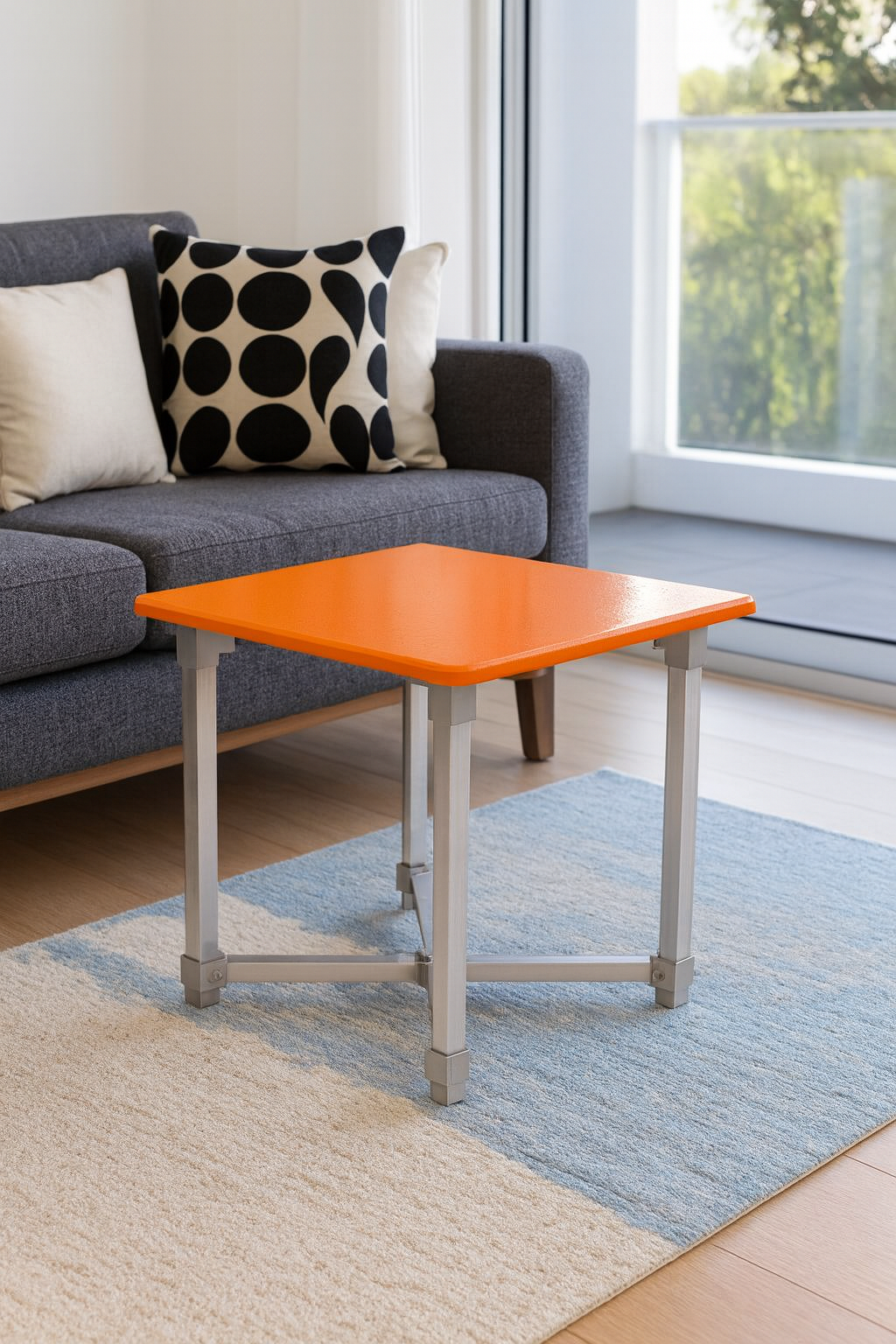 flexibench.com.au .. Tangerine coffee table, Gloss Tangerine coloured Top, Polished Aluminium Legs, Size 595*595*455mm