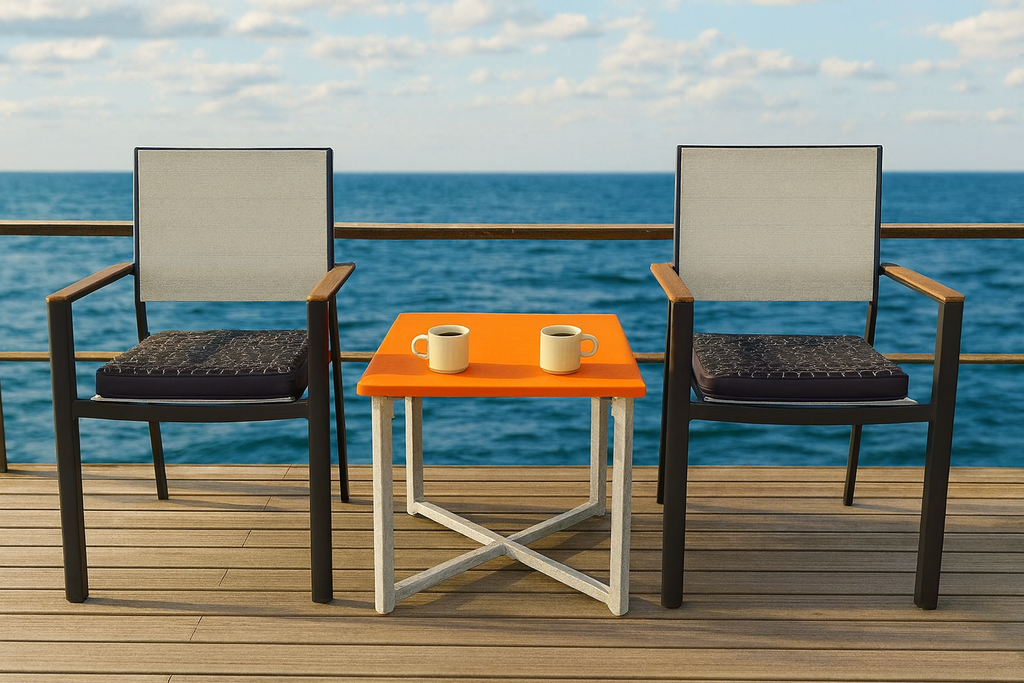 flexibench.com.au .. Tangerine coffee table, Gloss Tangerine coloured Top, Polished Aluminium Legs, Size 595*595*455mm