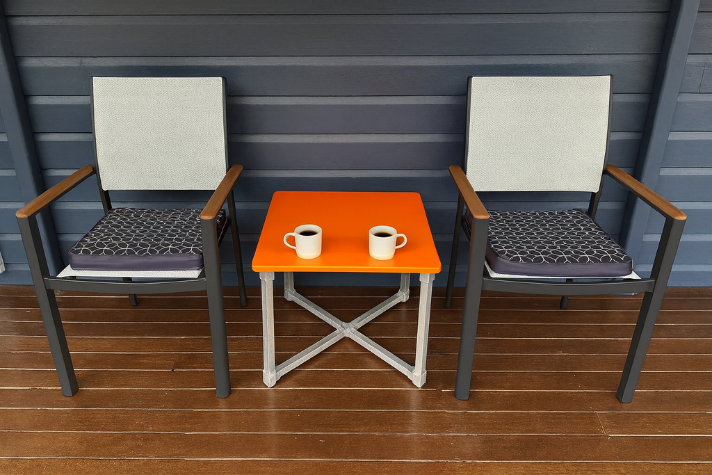 flexibench.com.au .. Tangerine coffee table, Gloss Tangerine coloured Top, Polished Aluminium Legs, Size 595*595*455mm