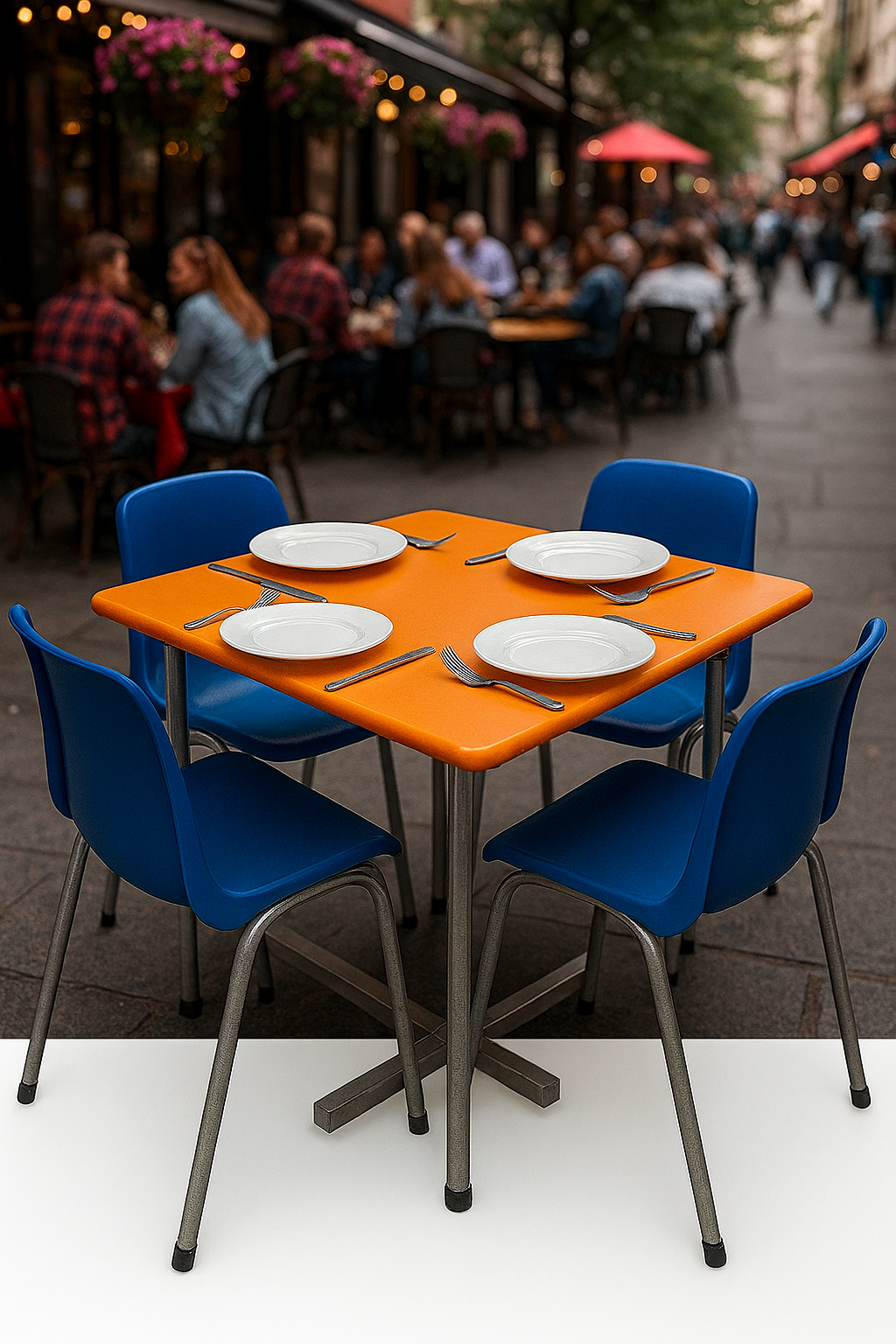 flexibench.com.au .. Tangerine Table, Indoor or Outdoor under Cover, Seats 4 Adults, Galvanised Steel Legs, Size 800*800*735mm High