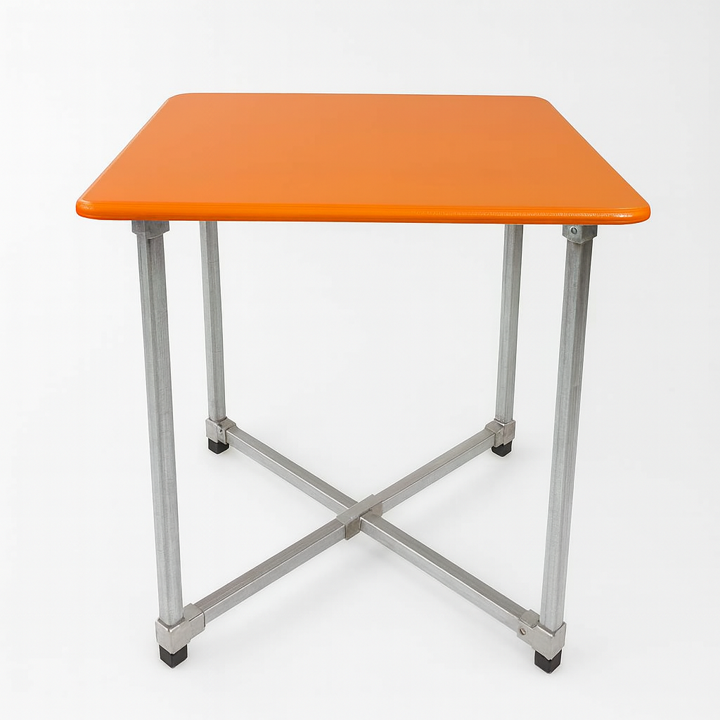 flexibench.com.au .. Tangerine Table, Indoor or Outdoor under Cover, Seats 4 Adults, Galvanised Steel Legs, Size 800*800*735mm High