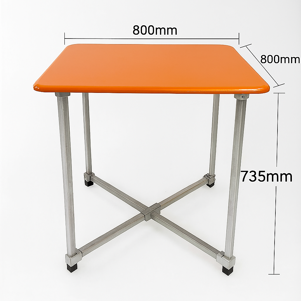 flexibench.com.au .. Tangerine Table, Indoor or Outdoor under Cover, Seats 4 Adults, Galvanised Steel Legs, Size 800*800*735mm High