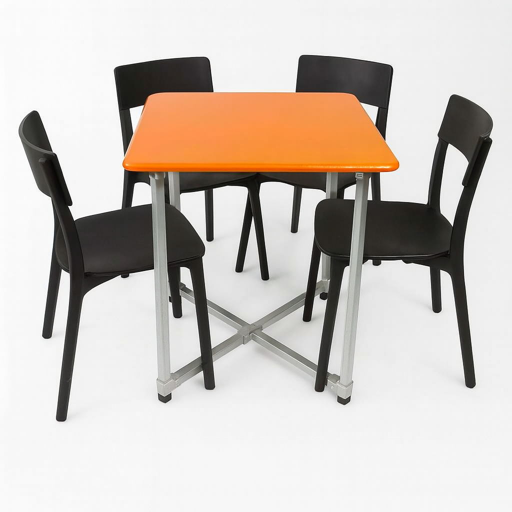 flexibench.com.au .. Tangerine Table, Indoor or Outdoor under Cover, Seats 4 Adults, Galvanised Steel Legs, Size 800*800*735mm High