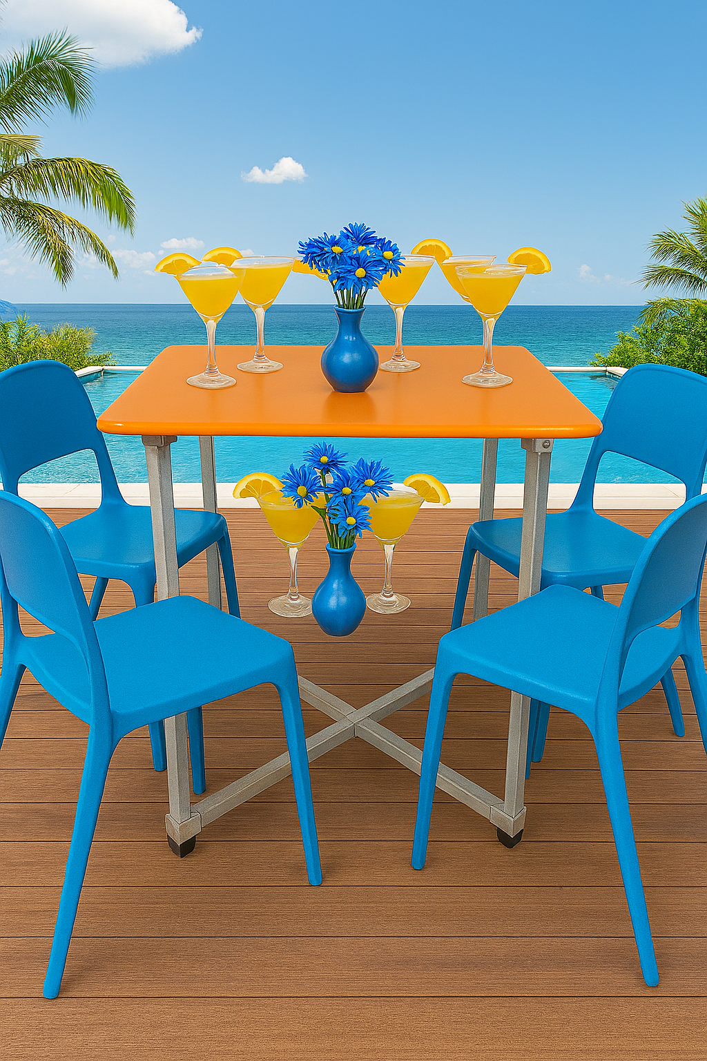 flexibench.com.au .. Tangerine Table, Indoor or Outdoor under Cover, Seats 4 Adults, Galvanised Steel Legs, Size 800*800*735mm High