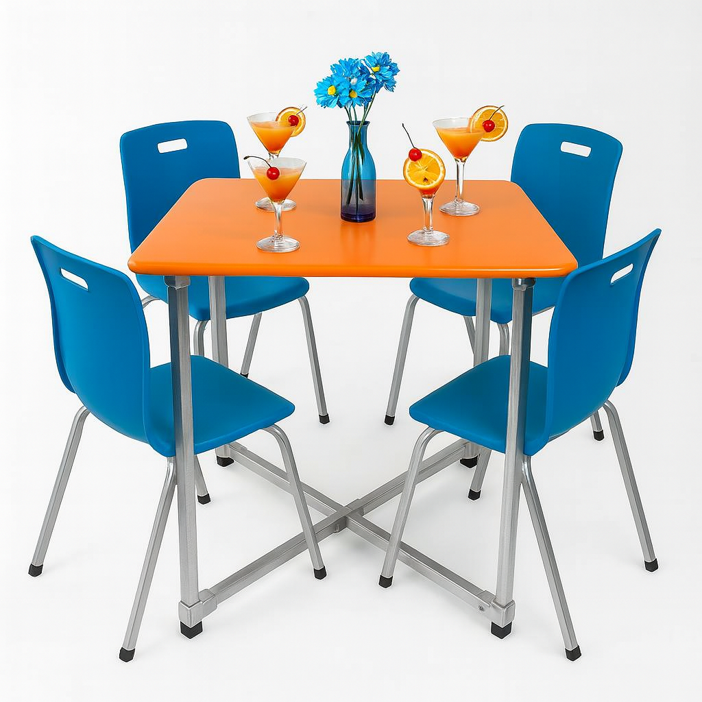 flexibench.com.au .. Tangerine Table, Indoor or Outdoor under Cover, Seats 4 Adults, Galvanised Steel Legs, Size 800*800*735mm High