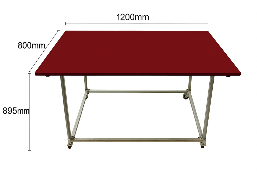 Work bench, Workstation, Maroon coloured top, Galvanized legs with Caster wheels, Size H895mm, W1200mm, D 800mm, Table only, accessories are not included