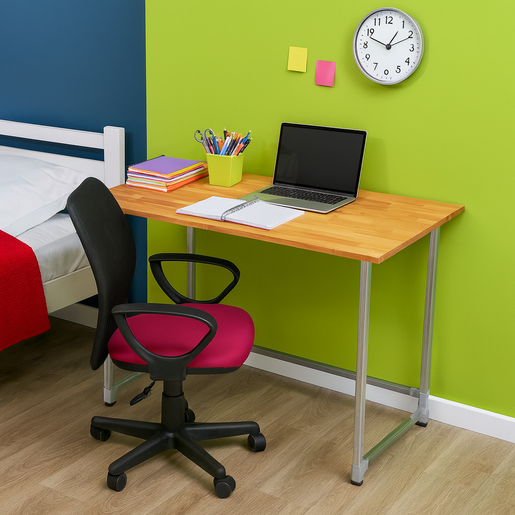 Light Coloured Timber Top Study Desk, Galvanised steel legs, Tabletop Size 1200mm * 600mm, Height 800mm, Table only accessories are not included